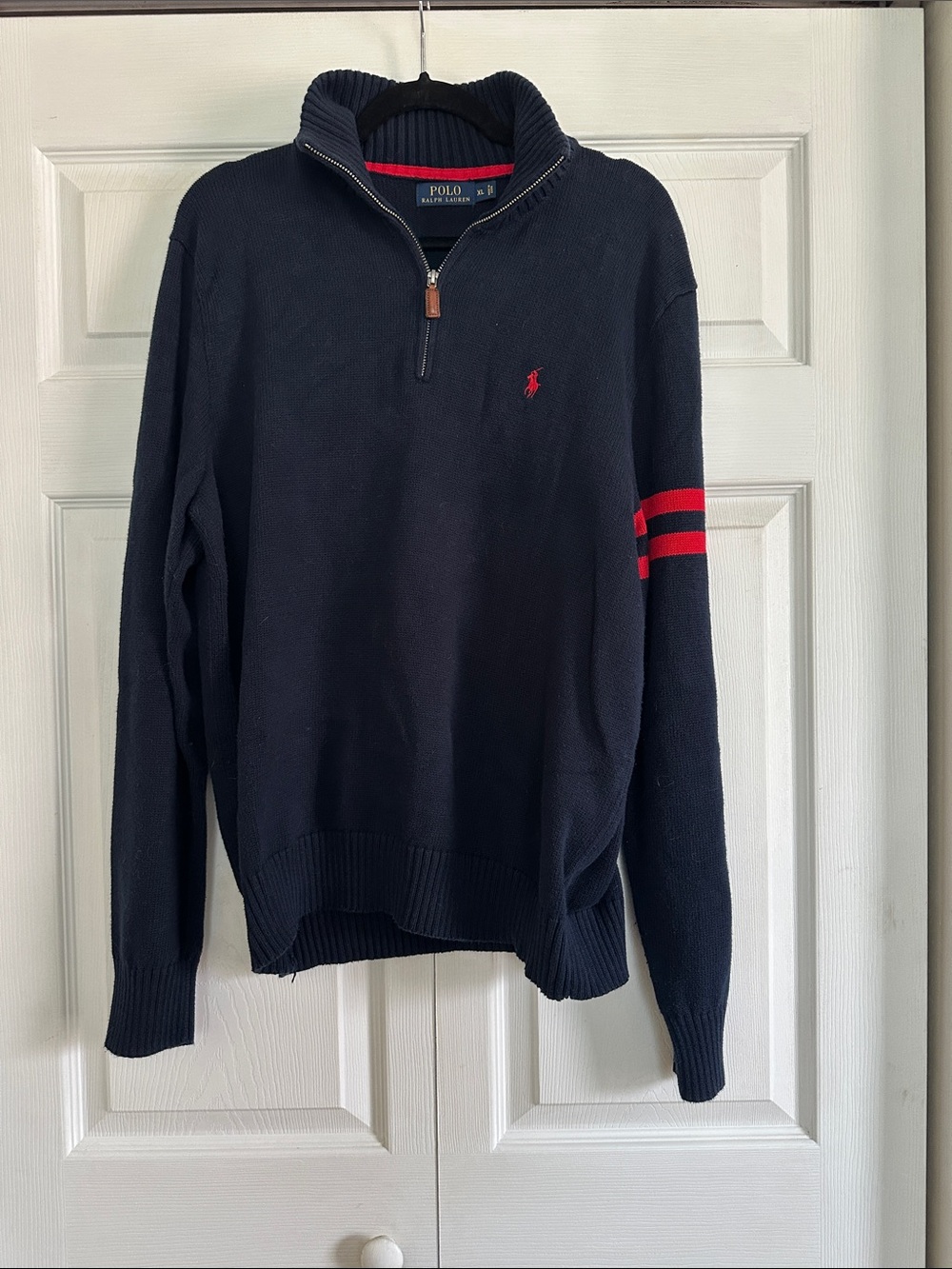 Polo by Ralph Lauren Men's Navy Quarter-Zip Sweater with Red Stripe